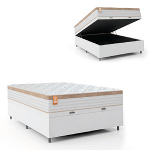 Cama Box Baú Colchão Casal Molas Ensacadas Real 138x188x68cm Linho Branco / Bege Inducol Branco Nat