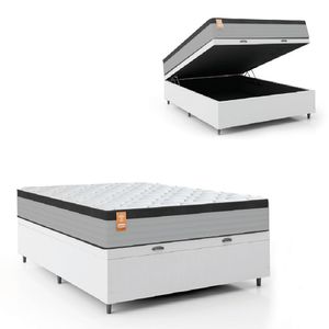 Cama Box Baú Colchão Casal Molas Ensacadas Real 138x188x68cm Linho Branco / Preto Inducol Cinza