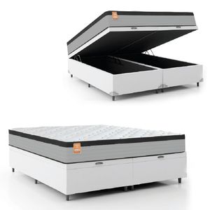 Cama Box Baú Colchão Casal Queen Molas Ensacadas Real 158x198x68cm Linho Branco/Preto Inducol Cinza