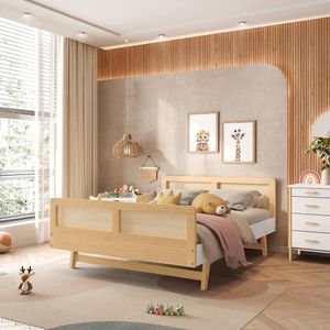 Cama Infantil Montessoriano Casal Lift Em Madeira Maciça Com Rattan Casatema Branco-natural