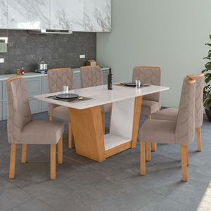 Conjunto Mesa 170cm Apogeu Com Vidro E 6 Cadeiras Astrid Amêndoa Clean-off White-bege