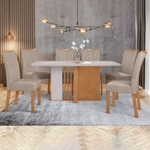 Conjunto Mesa 170cm Astrid Com Vidro E 6 Cadeiras Apogeu Amêndoa Clean-off White-rinzai Bege