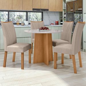 Conjunto Mesa 100cm Celebrare Com Vidro Redonda E 4 Cadeiras Apogeu Amêndoa Clean-off White-rinzai Bege