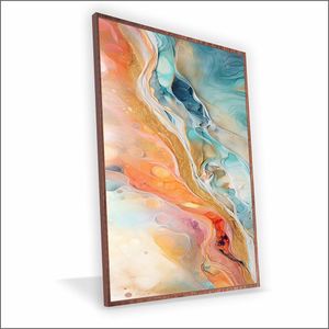 Quadro Marmorizado Salmão Vinil Com Vidro Tamanho-moldura 90x60 Caixa Cor Madeira