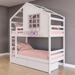 Beliche Casinha Com Janela E 02 Gavetas Madeira Maciça Branco- Rosa Housin