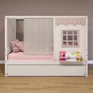 Bicama Casinha Reta Com Cortina Madeira Maciça Branco- Rosa Housin