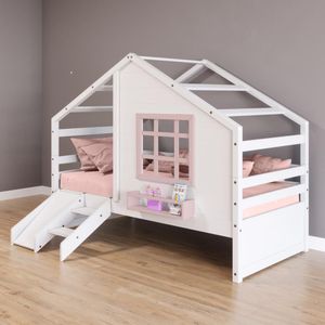 Cama Casinha Com Janela E Escada- Escorregador Madeira Maciça Branco- Rosa Housin