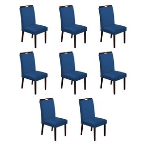 Kit 8 Cadeiras De Jantar Madeira Maciça Castanho Premium Heloísa Veludo Azul - Cor: Azul