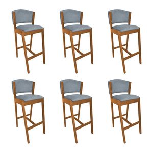 Kit 6 Banquetas Alta De Madeira Maciça Cerejeira Premium Ana Com Encosto Linho Cinza - Cor: Cinza