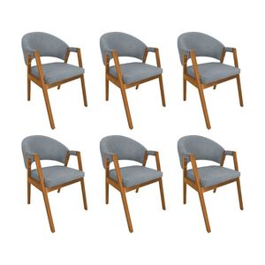 Kit 6 Cadeiras De Jantar Madeira Maciça Cerejeira Premium Helen Linho Cinza - Cor: Cinza