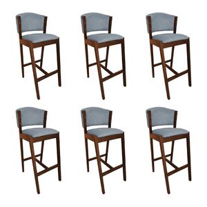 Kit 6 Banquetas Alta De Madeira Maciça Mel Premium Ana Com Encosto Linho Cinza - Cor: Cinza