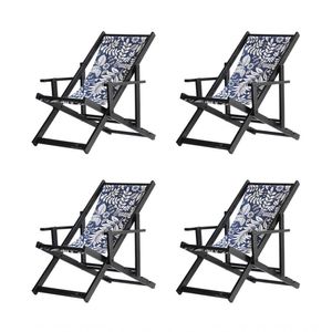 Kit 4 Espreguiçadeiras Dobrável Black Cb-folhas Brancas