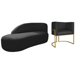 Kit Divã Luna 140cm Lado Esquerdo E 01 Poltrona Base De Ferro Dourado Suede Cor Preto