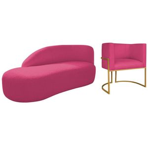 Kit Divã Luna 140cm Lado Esquerdo E 01 Poltrona Base De Ferro Dourado Suede Cor Pink