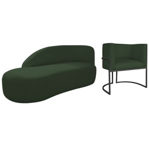 Kit Divã Luna 160cm Lado Esquerdo E 01 Poltrona Base De Ferro Preto Linho Cor Verde