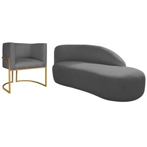 Kit Divã Luna 185cm Lado Direito E 01 Poltrona Base De Ferro Dourado Linho Cor Cinza Escuro