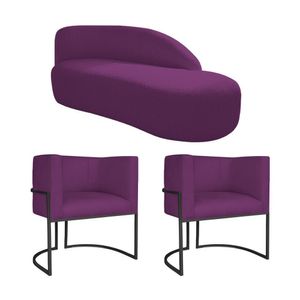 Kit Divã Luna 185cm Lado Direito E 02 Poltronas Base De Ferro Preto Suede Cor Roxo
