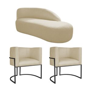 Kit Divã Luna 160cm Lado Direito E 02 Poltronas Base De Ferro Preto Suede Cor Bege