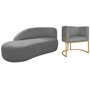 Kit Divã Luna 160cm Lado Esquerdo E 01 Poltrona Base De Ferro Dourado Suede Cor Cinza