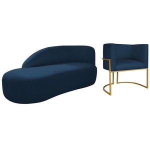 Kit Divã Luna 160cm Lado Esquerdo E 01 Poltrona Base De Ferro Dourado Suede Cor Azul Marinho