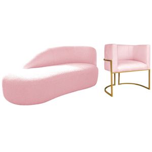 Kit Divã Luna 160cm Lado Esquerdo E 01 Poltrona Base De Ferro Dourado Suede Cor Rosa Bebê