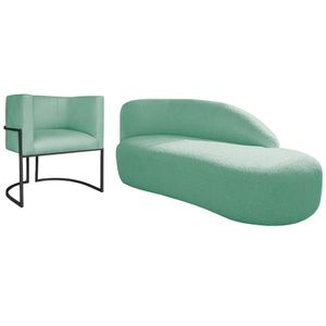 Kit Divã Luna 140cm Lado Direito E 01 Poltrona Base De Ferro Preto Suede Cor Azul Tiffany