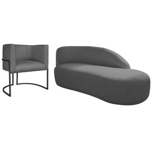 Kit Divã Luna 160cm Lado Direito E 01 Poltrona Base De Ferro Preto Linho Cor Cinza Escuro