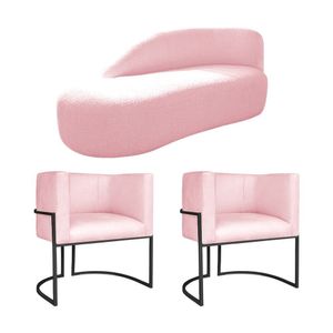 Kit Divã Luna 140cm Lado Esquerdo E 02 Poltronas Base De Ferro Preto Suede Cor Rosa Bebê