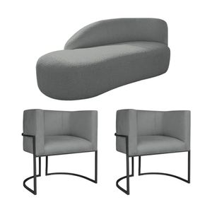 Kit Divã Luna 140cm Lado Esquerdo E 02 Poltronas Base De Ferro Preto Suede Cor Cinza