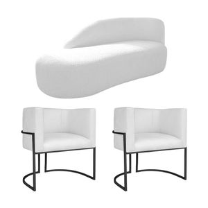 Kit Divã Luna 140cm Lado Esquerdo E 02 Poltronas Base De Ferro Preto Suede Cor Branco