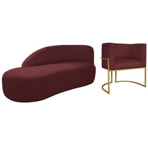 Kit Divã Luna 140cm Lado Esquerdo E 01 Poltrona Base De Ferro Dourado Suede Cor Bordô