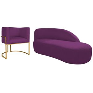 Kit Divã Luna 185cm Lado Direito E 01 Poltrona Base De Ferro Dourado Suede Cor Roxo