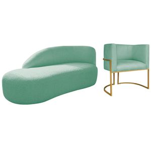 Kit Divã Luna 185cm Lado Esquerdo E 01 Poltrona Base De Ferro Dourado Suede Cor Azul Tiffany
