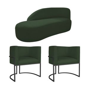Kit Divã Luna 185cm Lado Esquerdo E 02 Poltronas Base De Ferro Preto Linho Cor Verde