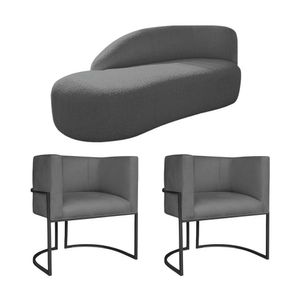 Kit Divã Luna 185cm Lado Esquerdo E 02 Poltronas Base De Ferro Preto Linho Cor Cinza Escuro