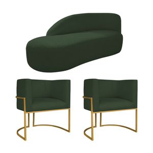Kit Divã Luna 185cm Lado Esquerdo E 02 Poltronas Base De Ferro Dourado Linho Cor Verde