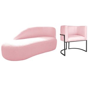 Kit Divã Luna 185cm Lado Esquerdo E 01 Poltrona Base De Ferro Preto Suede Cor Rosa Bebê