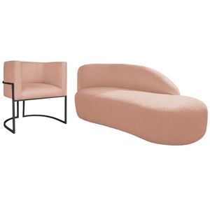 Kit Divã Luna 185cm Lado Direito E 01 Poltrona Base De Ferro Preto Suede Cor Rosê