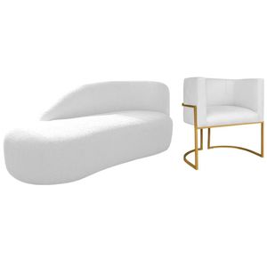 Kit Divã Luna 185cm Lado Esquerdo E 01 Poltrona Base De Ferro Dourado Suede Cor Branco