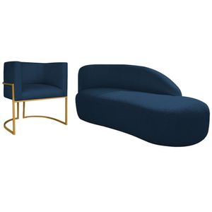 Kit Divã Luna 185cm Lado Direito E 01 Poltrona Base De Ferro Dourado Suede Cor Azul Marinho