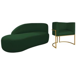 Kit Divã Luna 160cm Lado Esquerdo E 01 Poltrona Base De Ferro Dourado Suede Cor Verde