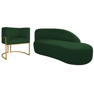 Kit Divã Luna 140cm Lado Direito E 01 Poltrona Base De Ferro Dourado Suede Cor Verde