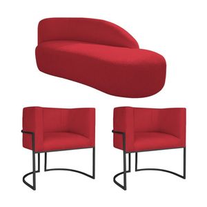 Kit Divã Luna 140cm Lado Direito E 02 Poltronas Base De Ferro Preto Suede Cor Vermelho