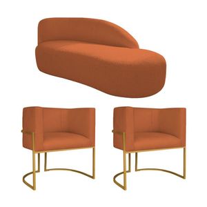 Kit Divã Luna 140cm Lado Direito E 02 Poltronas Base De Ferro Dourado Suede Cor Terracota