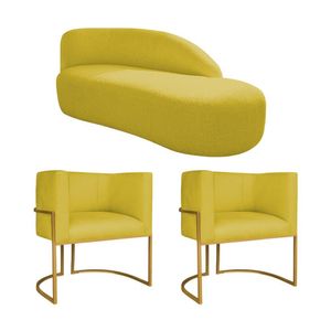 Kit Divã Luna 140cm Lado Direito E 02 Poltronas Base De Ferro Dourado Suede Cor Amarelo
