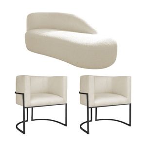 Kit Divã Luna 185cm Lado Direito E 02 Poltronas Base De Ferro Preto Linho Cor Bege