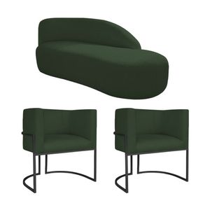 Kit Divã Luna 185cm Lado Direito E 02 Poltronas Base De Ferro Preto Linho Cor Verde