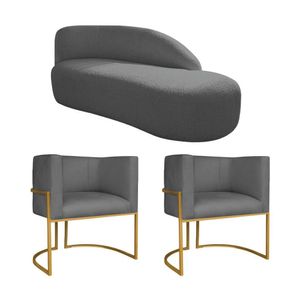 Kit Divã Luna 185cm Lado Direito E 02 Poltronas Base De Ferro Dourado Linho Cor Cinza Escuro