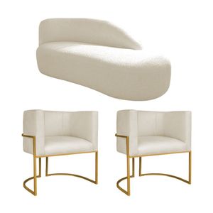 Kit Divã Luna 185cm Lado Direito E 02 Poltronas Base De Ferro Dourado Linho Cor Bege