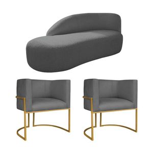 Kit Divã Luna 140cm Lado Esquerdo E 02 Poltronas Base De Ferro Dourado Linho Cor Cinza Escuro